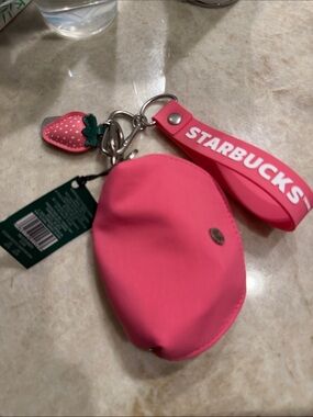New 2026 Starbucks Hot Pink Keychain Pouch with Strawberry Charm